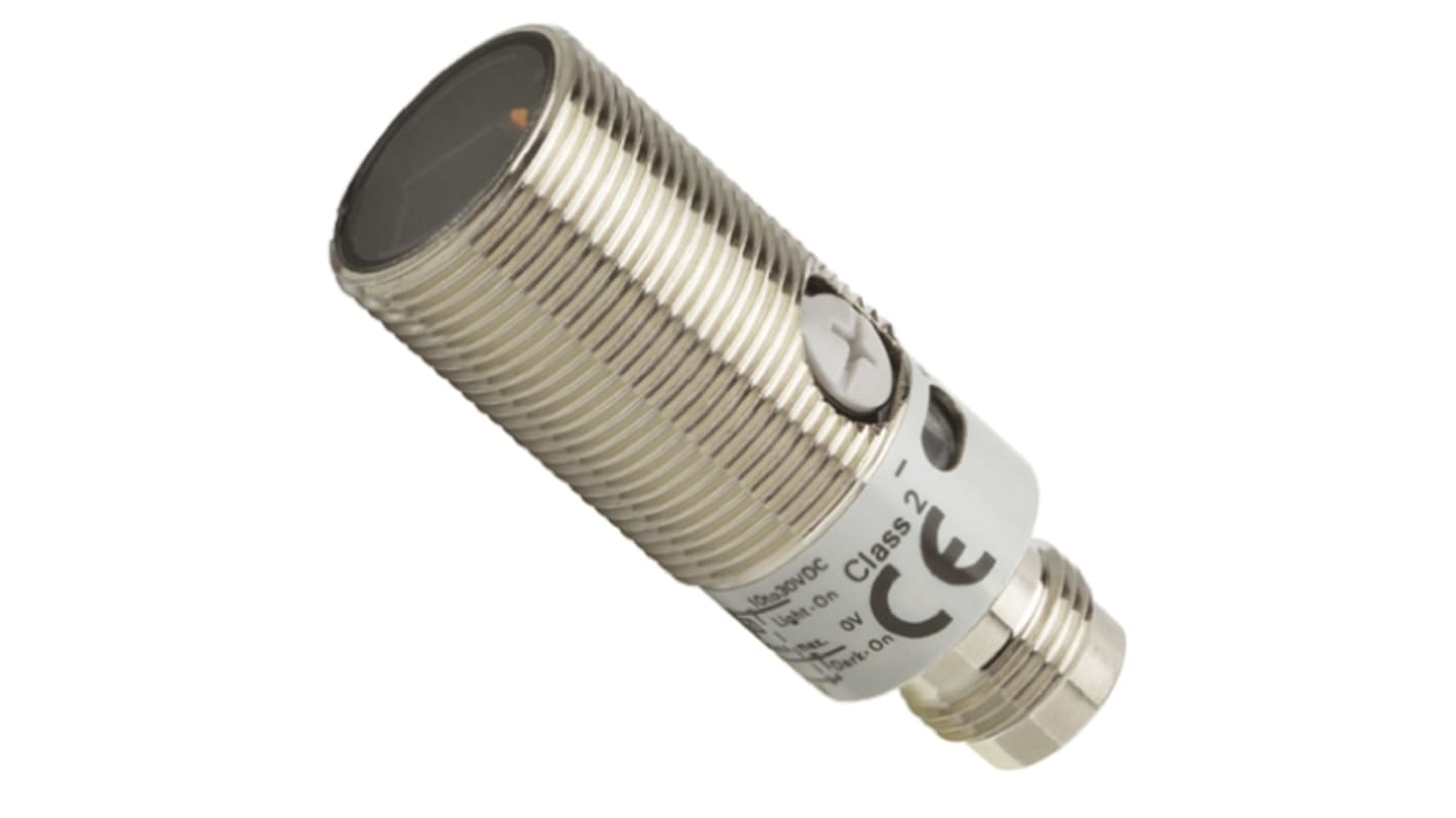 Sensore fotoelettrico cilindrico a diffusione Omron E3FBDP21, rilevamento 100 mm, uscita PNP, IP67/IP69K.