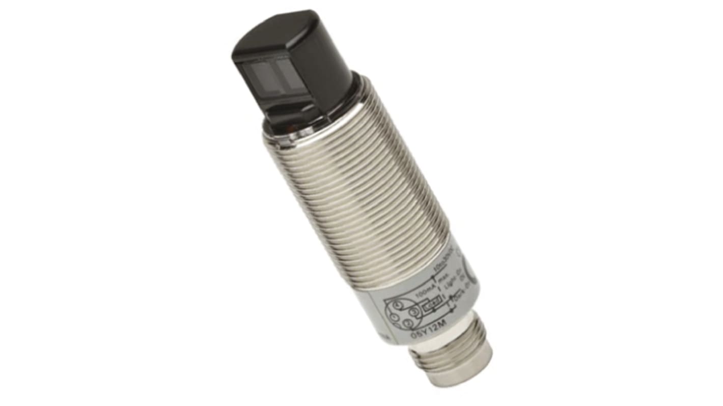 Sensore fotoelettrico cilindrico Omron E3RBDP21, rilevamento 100 mm, uscita PNP, connettore M12 a 4 pin, IP67/IP69K.