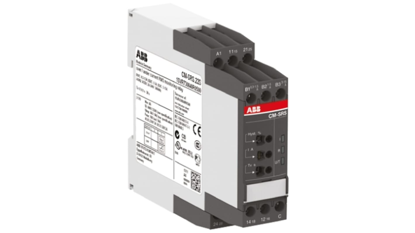 Relè di monitoraggio corrente monofase ABB CM-SRS, DPDT, montaggio su guida DIN, dimensioni 103,7 x 22,5 x 85,6 mm.