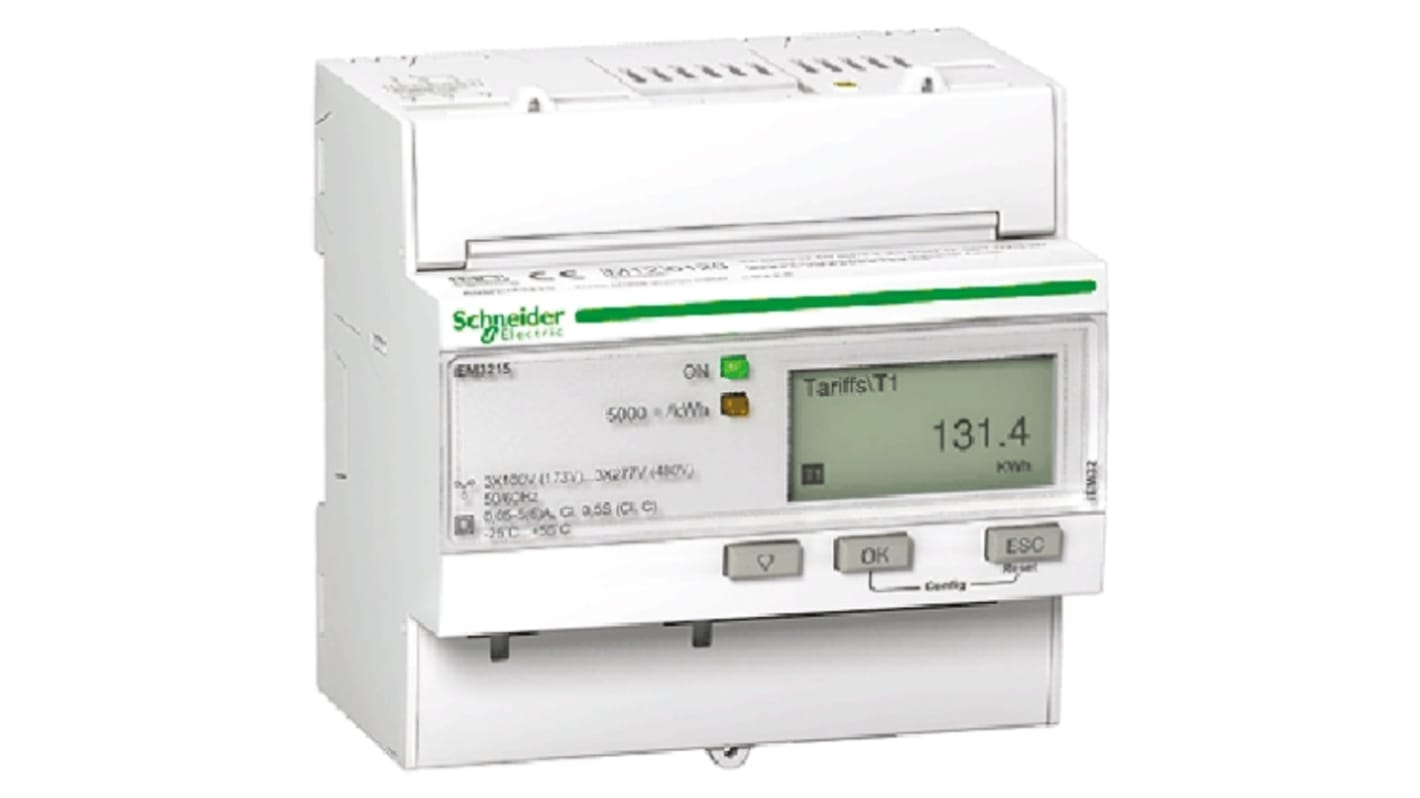 Contatore di energia Schneider Electric A9MEM3215 iEM3200, 1-3 fasi, montaggio su guida DIN, display LCD 10 cifre, profondità 69 mm.