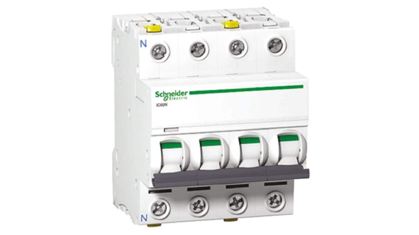 Interruttore magnetotermico 4 poli Schneider Electric, 16A, Tipo C, montaggio su guida DIN, dimensioni 78.5x72x91mm, grado di protezione IP20.
