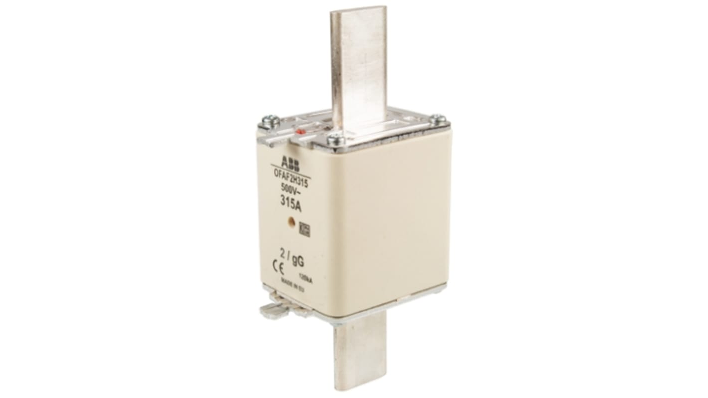 Fusibile NH2 gG 315A ABB, tensione 500V, corpo ceramico, dimensioni 49.5 mm x 52.5 mm x 20.8 mm, indicatore fusibile bruciato.