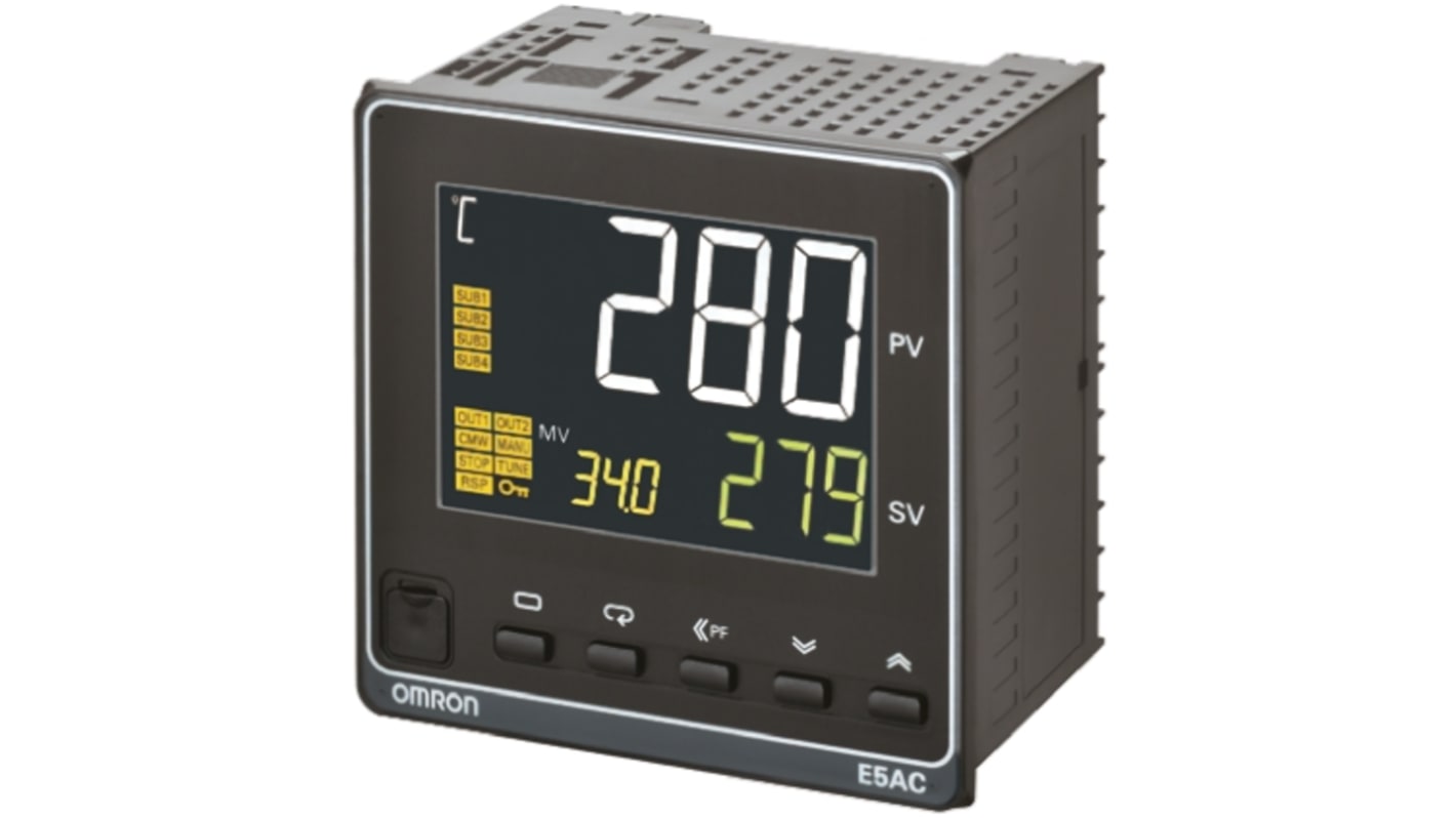Omron E5AC-QQ4D5M-000, termoregolatore PID 24 V, 96 x 96 mm, display LCD, montaggio a pannello, gamma -200 a 2300 °C.