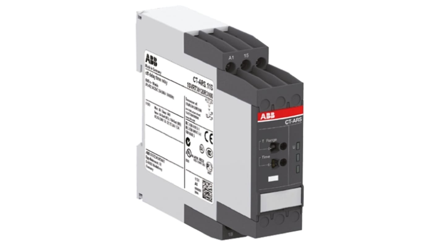 ABB Timer Relay SPDT per guida DIN, intervallo 0.05 s a 300 h, morsetti a vite, LED stato, dimensioni 22.5 x 85.6 x 103.7 mm.