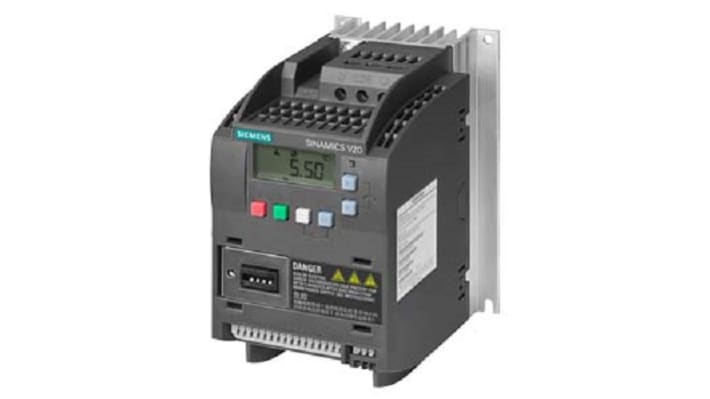 Inverter Siemens 6SL3210-5BE22-2CV0 trifase 400V c.a. 2,2 kW, frequenza 0-550Hz per automazione industriale. Robusto e efficiente.