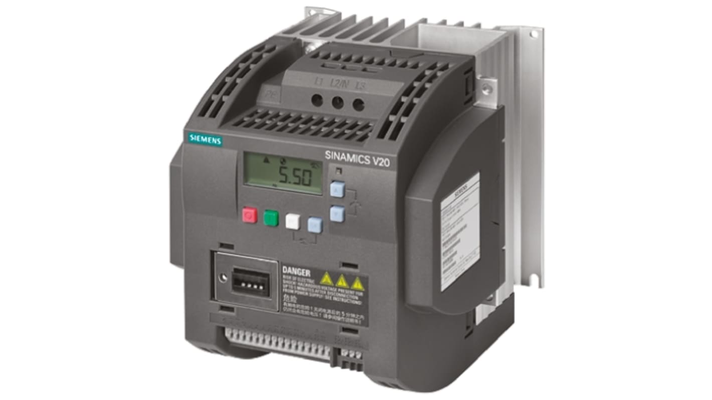 Inverter Siemens 4 kW, 400 V CA, 3 fasi, ideale per applicazioni industriali. Compatto, con modalità ECO e protezione IP20.