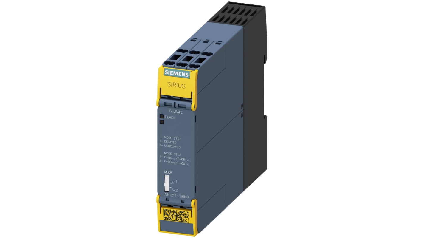 Modulo d'uscita Siemens 3SK1211-2BB40 SIRIUS, 4 NA/1 NC, 24 V c.c., montaggio su guida DIN, dimensioni 100 x 22,5 x 121,7 mm.