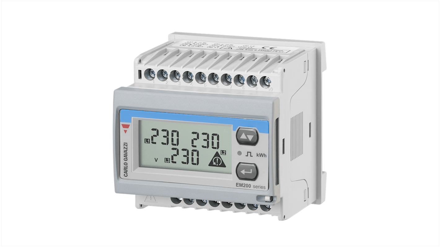 Contatore di energia trifase Carlo Gavazzi EM21072DAV53XOSX, display LCD 7 cifre, montaggio su guida DIN, dimensioni 72x72 mm.