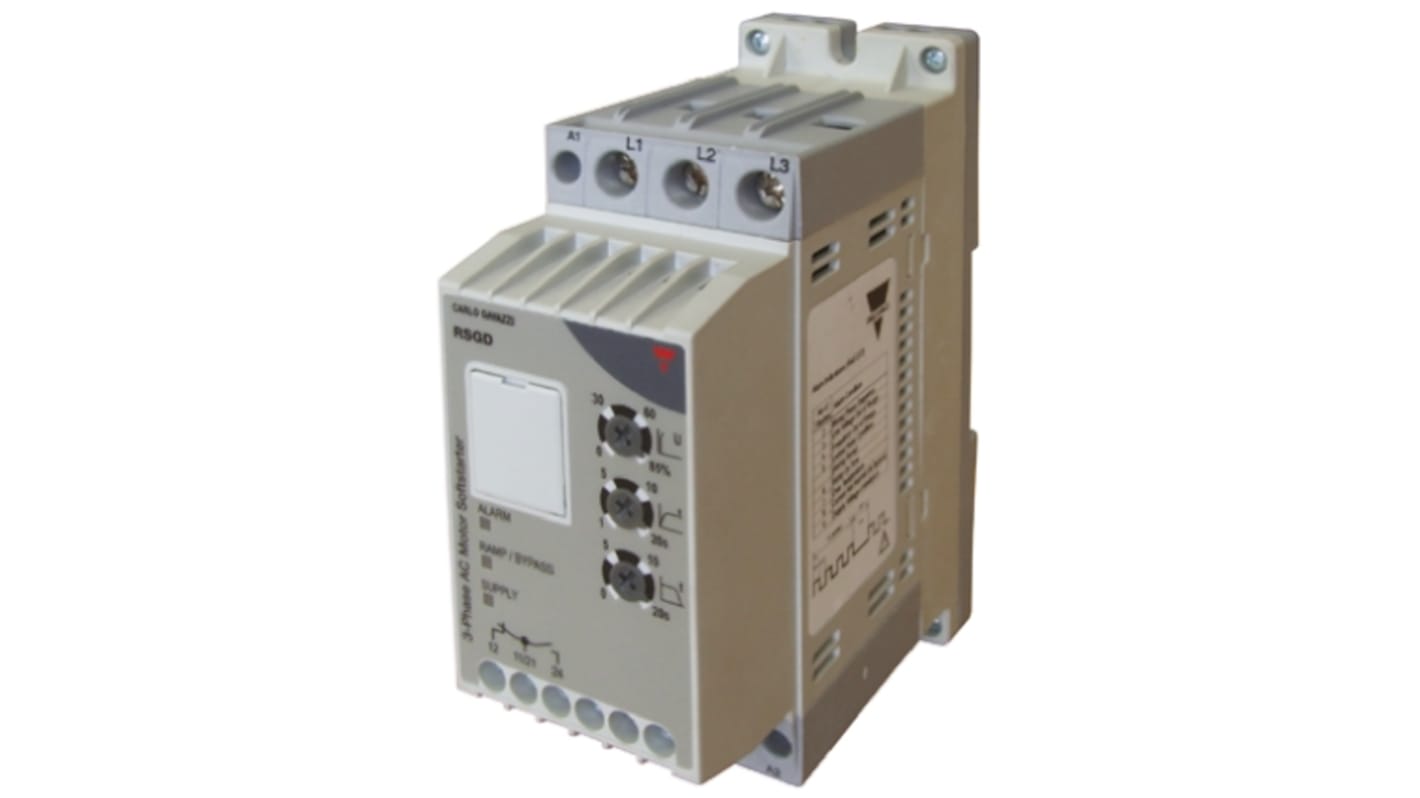 Avviatore soft-start trifase Carlo Gavazzi RSGD4025E0VD20, potenza 5,5 kW, corrente 25 A, dimensioni 45x125x109,8 mm, grado di protezione IP20.