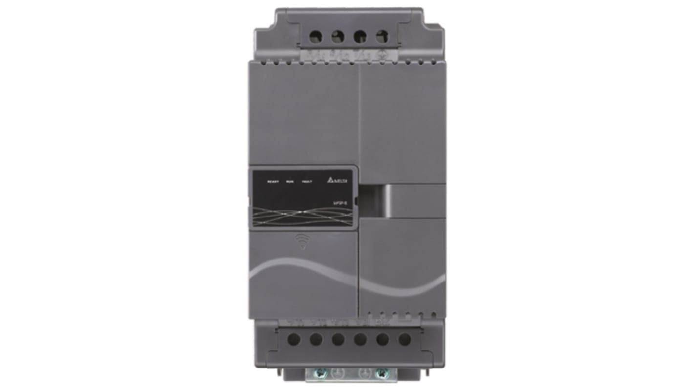 Inverter trifase Delta Electronics VFD110E43A, 11 kW, 460 V, design modulare, dimensioni 260x130x169.2 mm, IP20.