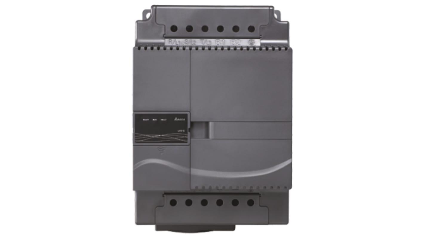 Inverter trifase Delta Electronics VFD150E43A, 15 kW, 460 V, design modulare, dimensioni 310x200x190 mm, grado di protezione IP20.