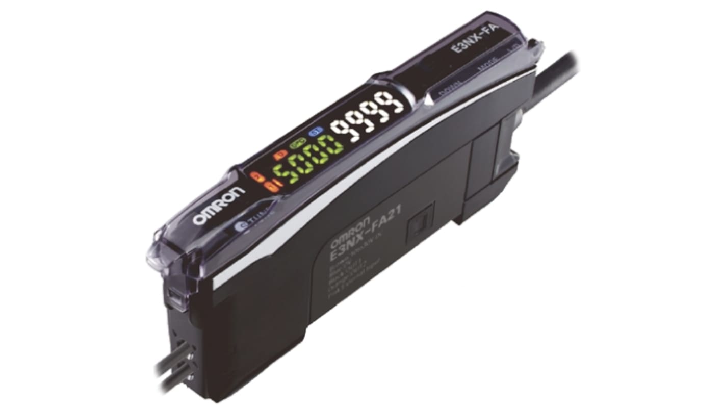 Omron E3NX-FA9TW, sensore per fibre ottiche PNP, alimentazione 10-30 V c.c., dimensioni 104,8 x 27,8 x 10 mm.