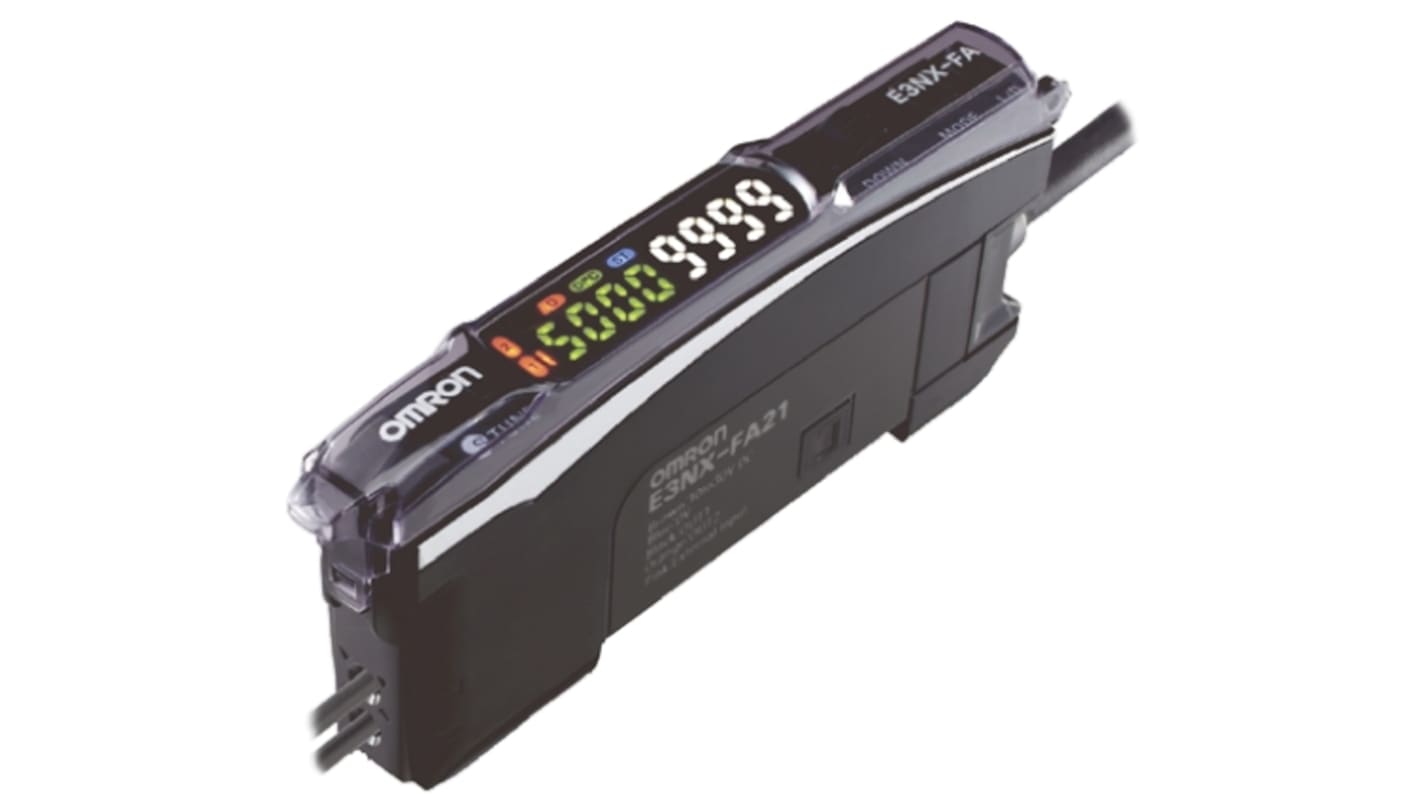 Omron E3NX-FA21 2M, sensore NPN precablato per fibre ottiche, dimensioni 104,8 x 27,8 x 10 mm, alimentazione 10-30 V c.c.