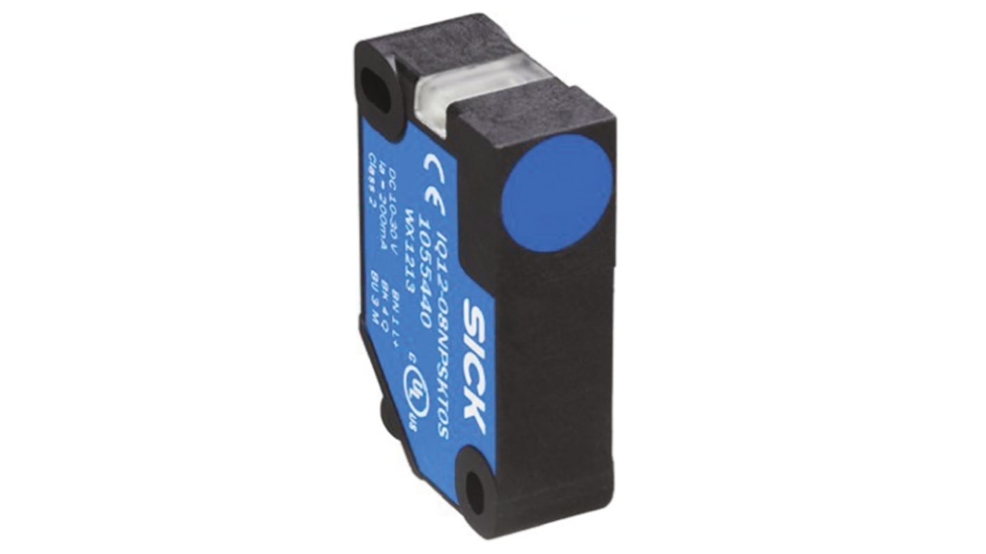 Sensore di prossimità PNP Sick IQ12-08NPSKW2S, induttivo, 8 mm, IP67/IP68, 40x26x12 mm, montaggio non a filo.