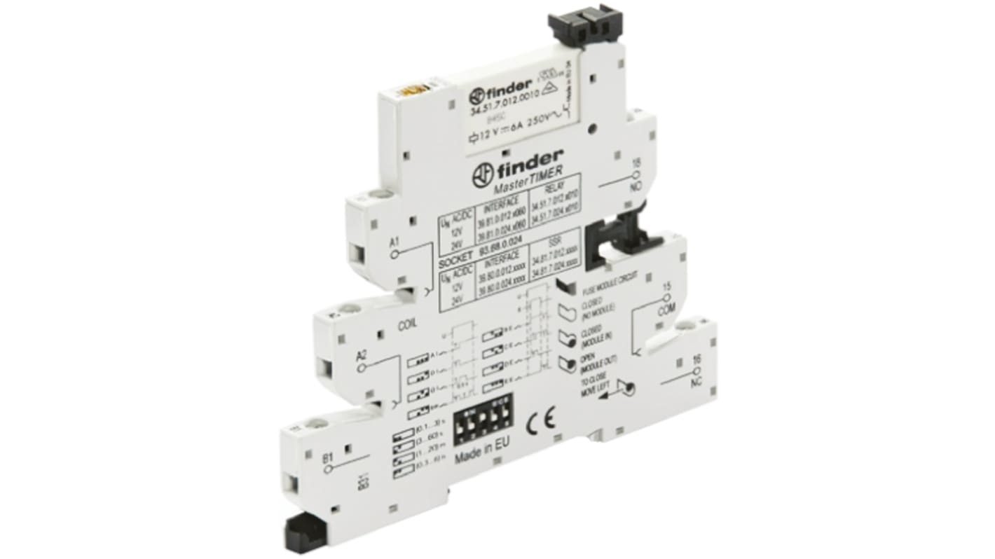Finder 39.81.0.012.0060, relè d'interfaccia per guida DIN, bobina 12V, contatti SPDT, dimensioni 90.7 x 6.2 x 94.3 mm.