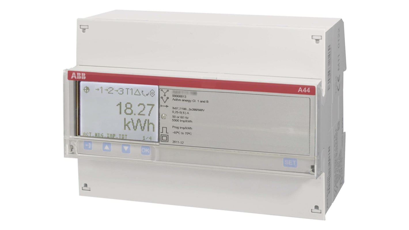 Contatore di energia ABB 2CMA170545R1000 A44 552-100, 3 fasi, LCD, interfaccia Modbus, dimensioni 65mm di profondità.