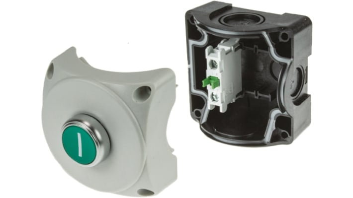 Interruttore Lovato S1P10, stazione di controllo in policarbonato, montaggio versatile, pulsante verde, dimensioni 72x72x56 mm.
