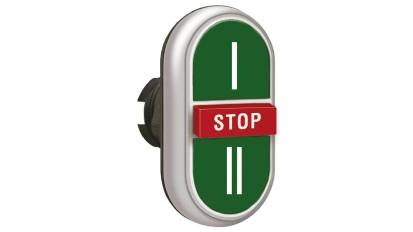 Attuatore pulsante Lovato LPCB7345, ritorno a molla, diametro foro 22 mm, IP66/IP67/IP69K, montaggio a scatto, colori verde e rosso.