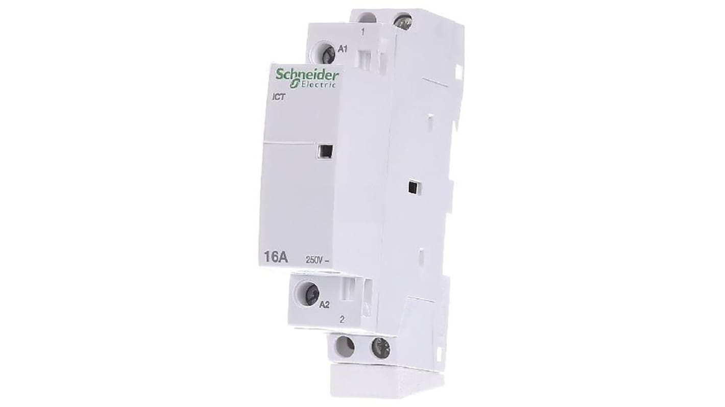 Contattore monofase Schneider Electric A9C22011, serie Acti 9 iCT, 16 A, 12 V c.a., montaggio su guida DIN, dimensioni 81x18x68 mm.