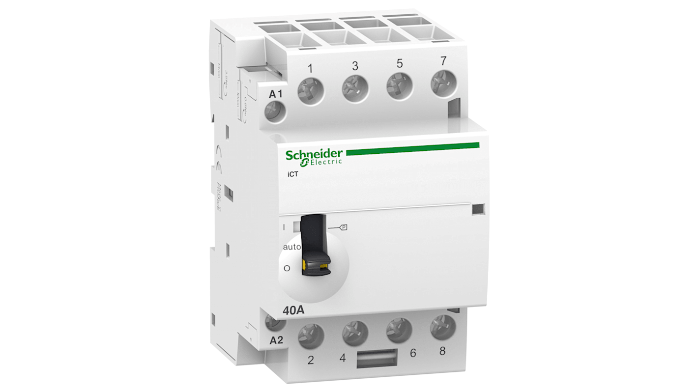 Contattore Schneider Electric A9C21144, 4 poli 4NO, 40 A, bobina 24 V c.a., montaggio su guida DIN, dimensioni 85x54x73 mm.