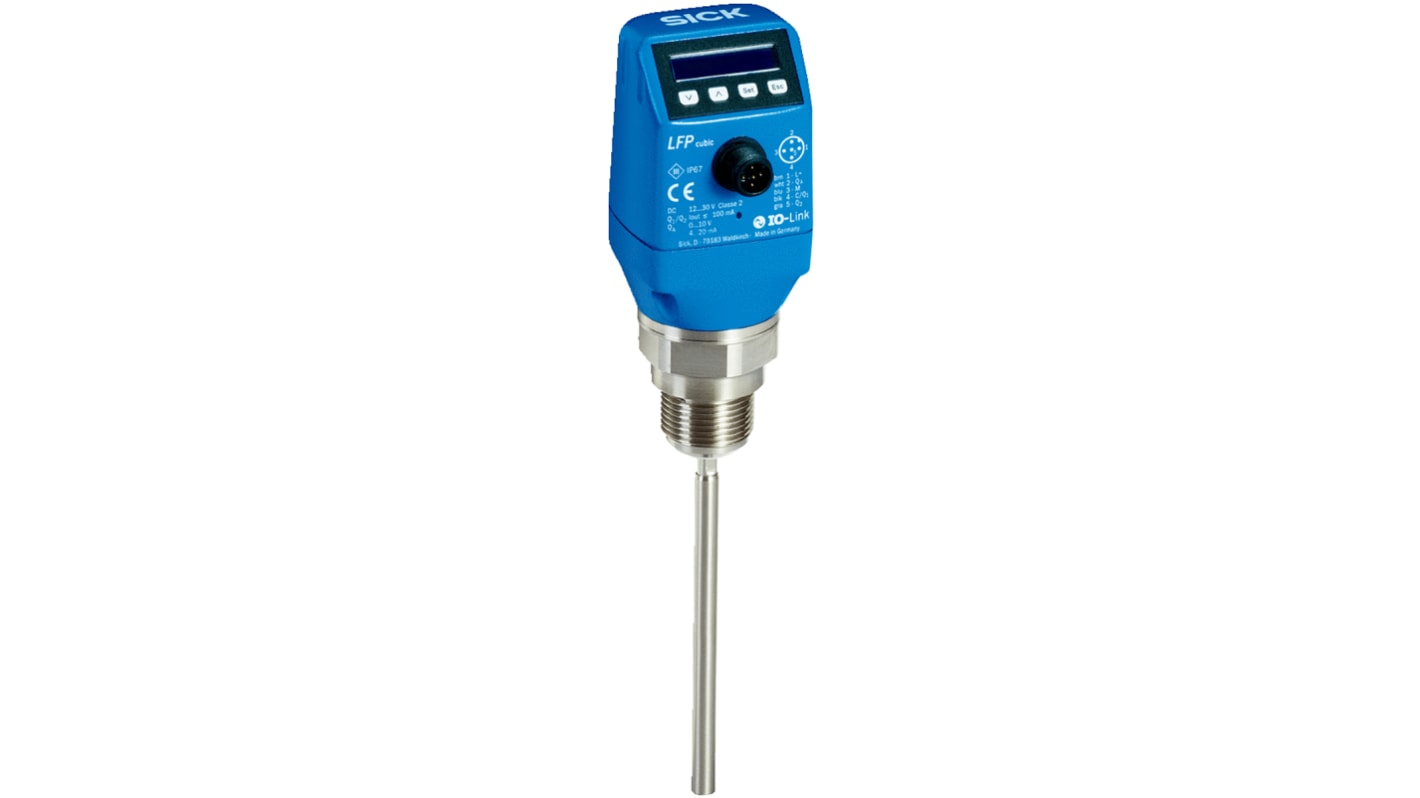 Sensore di livello radar Sick LFP2000-A4NMB, montaggio verticale, intervallo 2000 mm, uscita 0-10 V e 4-20 mA. Grado di protezione IP67.