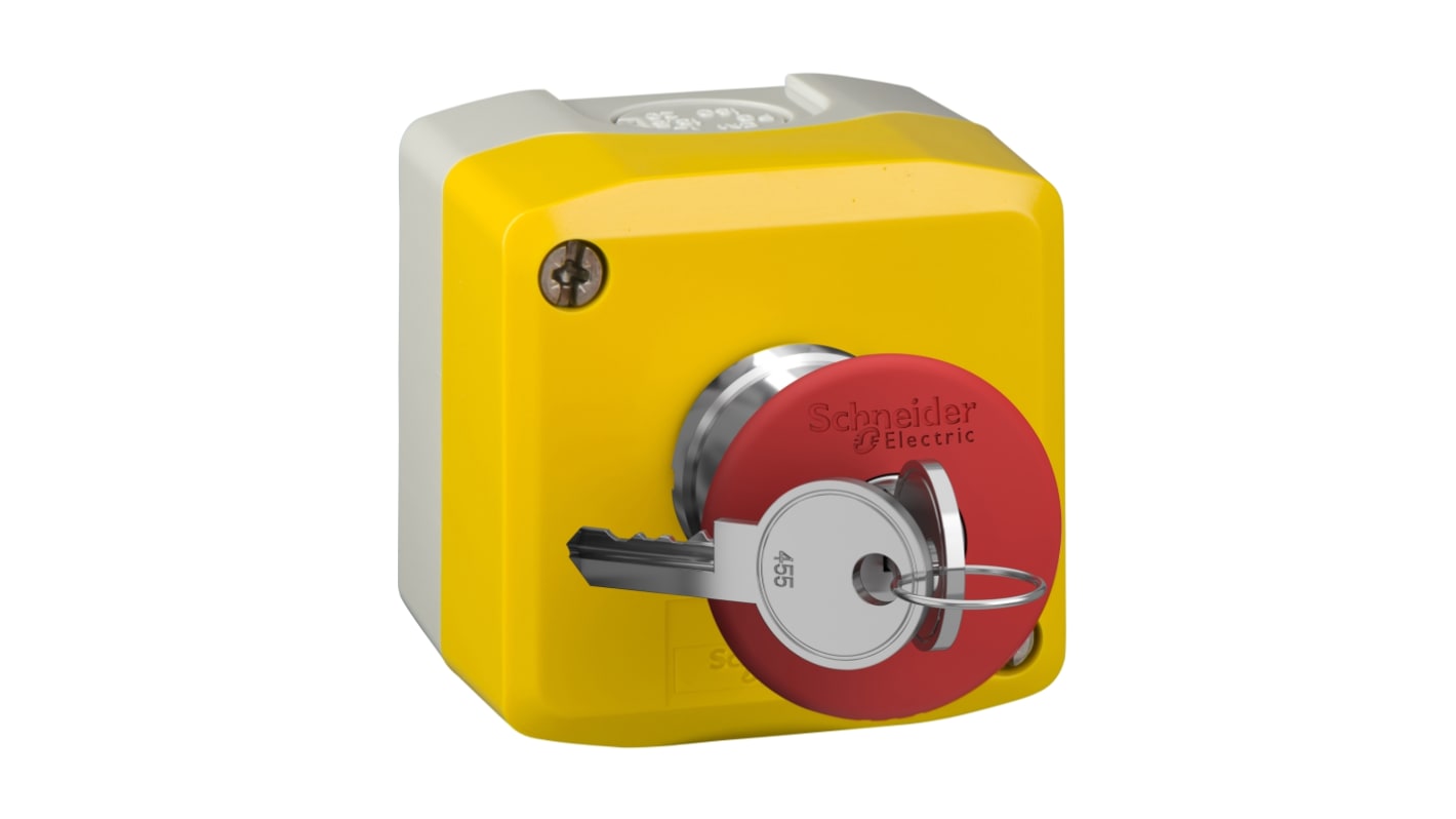 Pulsante di arresto di emergenza Harmony XALK di Schneider Electric, rosso e giallo, montaggio superficiale, IP66/IP67/IP69K, 68 x 68 x 105.5 mm.