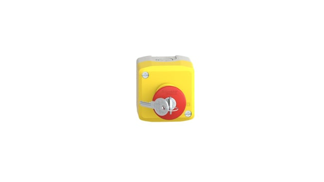 Pulsante di arresto di emergenza Harmony XALK di Schneider Electric, rosso e giallo, montaggio superficiale, IP66/IP67/IP69K, 68 x 68 x 105.5 mm.