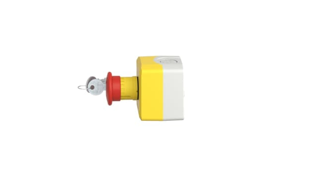 Pulsante di arresto di emergenza Harmony XALK di Schneider Electric, rosso e giallo, montaggio superficiale, IP66/IP67/IP69K, 68 x 68 x 105.5 mm.