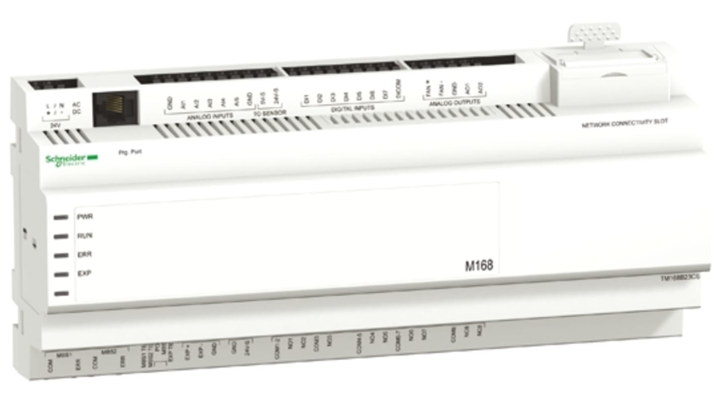Schneider Electric TM168B23CS, CPU PLC Modicon M168, 23 I/O, montaggio su guida DIN, dimensioni 251 x 61,5 x 128 mm.