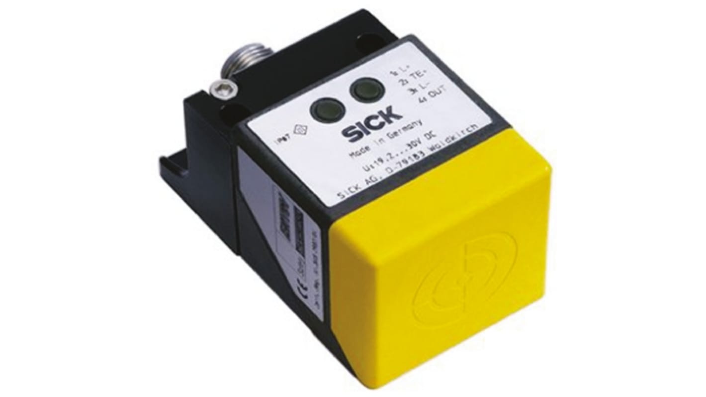 Interruttore di sicurezza induttivo Sick IN40-D0101K, 24V cc, 3NO, IP67, dimensioni 40x40x66 mm, distanza di commutazione 15 mm (On).