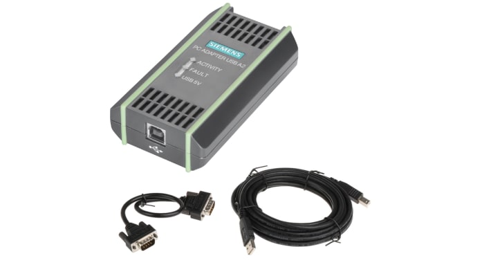 Adattatore PC Siemens 6GK1571-0BA00-0AA0 per SIMATIC S7, USB 2.0, cavo 5m, dimensioni 105x58x26mm, temperatura operativa +60°C.