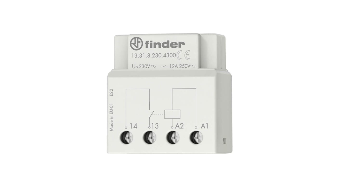 Finder 13.31.9.024.4300, relè monostabile SPST 24V cc, corrente 12A, montaggio in scatola, dimensioni 37x39x22.7 mm.
