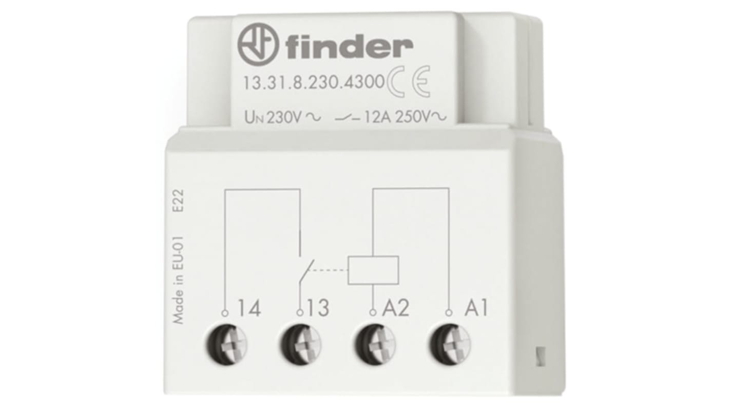 Finder 13.31.8.012.4300, relè monostabile SPST, bobina 12V, corrente 12A, dimensioni 37mm x 22.7mm x 39mm.