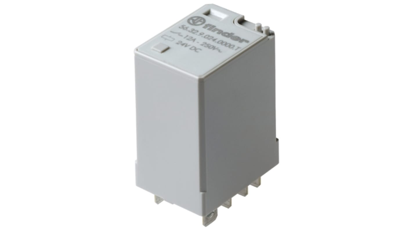 Finder 56.32.9.110.0000T, relè DPDT 110V cc, corrente 12A, dimensioni 27.7mm x 37.2mm x 20.7mm, isolamento 4kV.