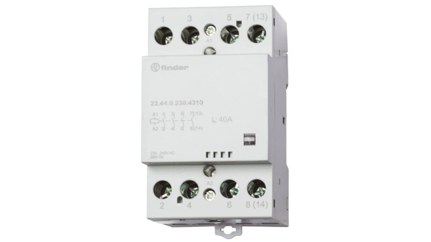 Contattore Finder 22.44.0.120.4610, 4 poli, 40 A, 120 V AC, montaggio su guida DIN, dimensioni 53.5 mm x 63.1 mm.