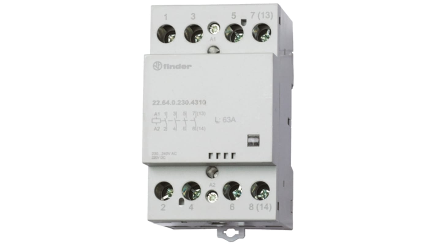 Finder 22.64.0.230.4710, contattore modulare 4 poli 63 A, montaggio su guida DIN 35 mm, dimensioni 53.5 x 63.1 mm.