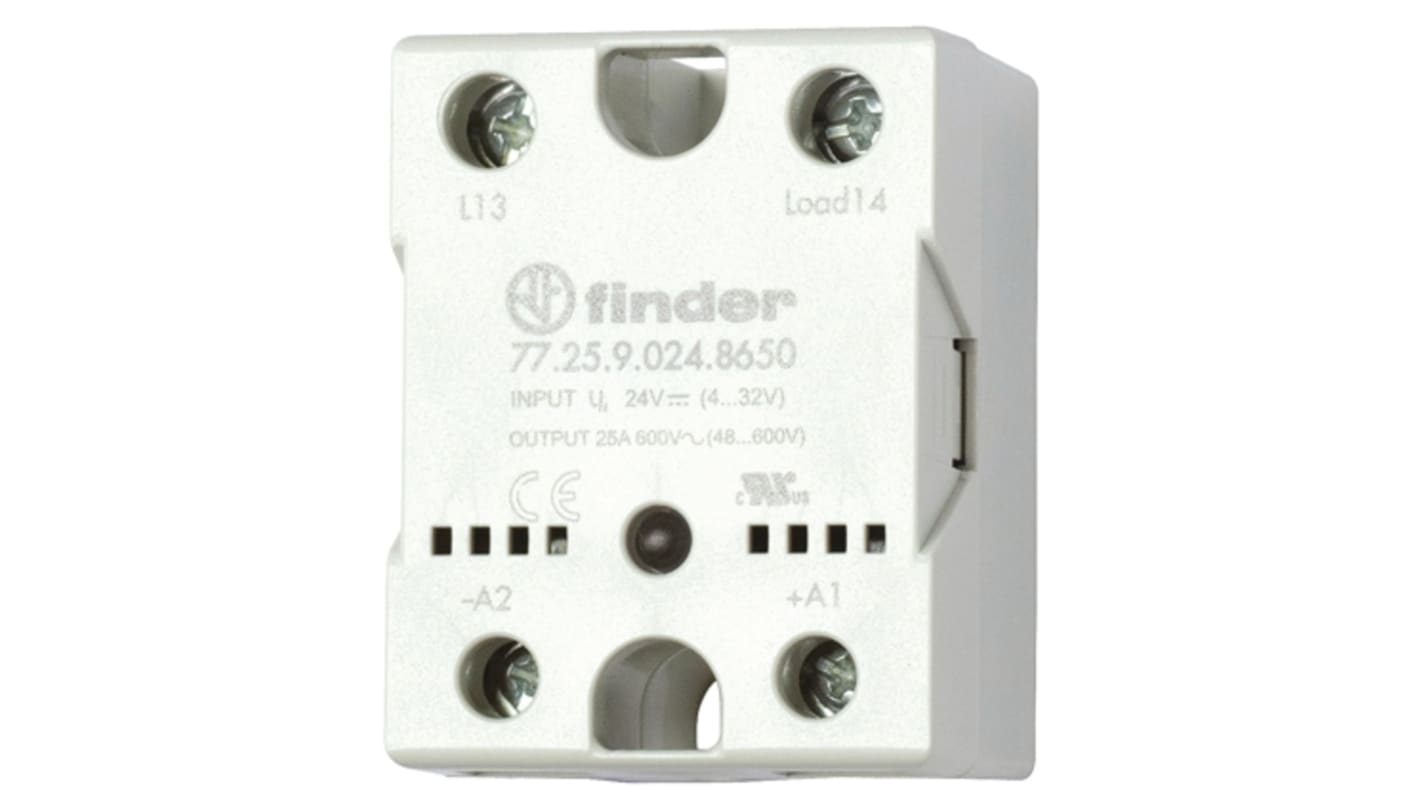 Finder 77.25.8.230.8650, relè a stato solido SPST, 25 A, 660 V c.a., montaggio su dissipatore, dimensioni 44.5 x 36.4 x 57.7 mm.