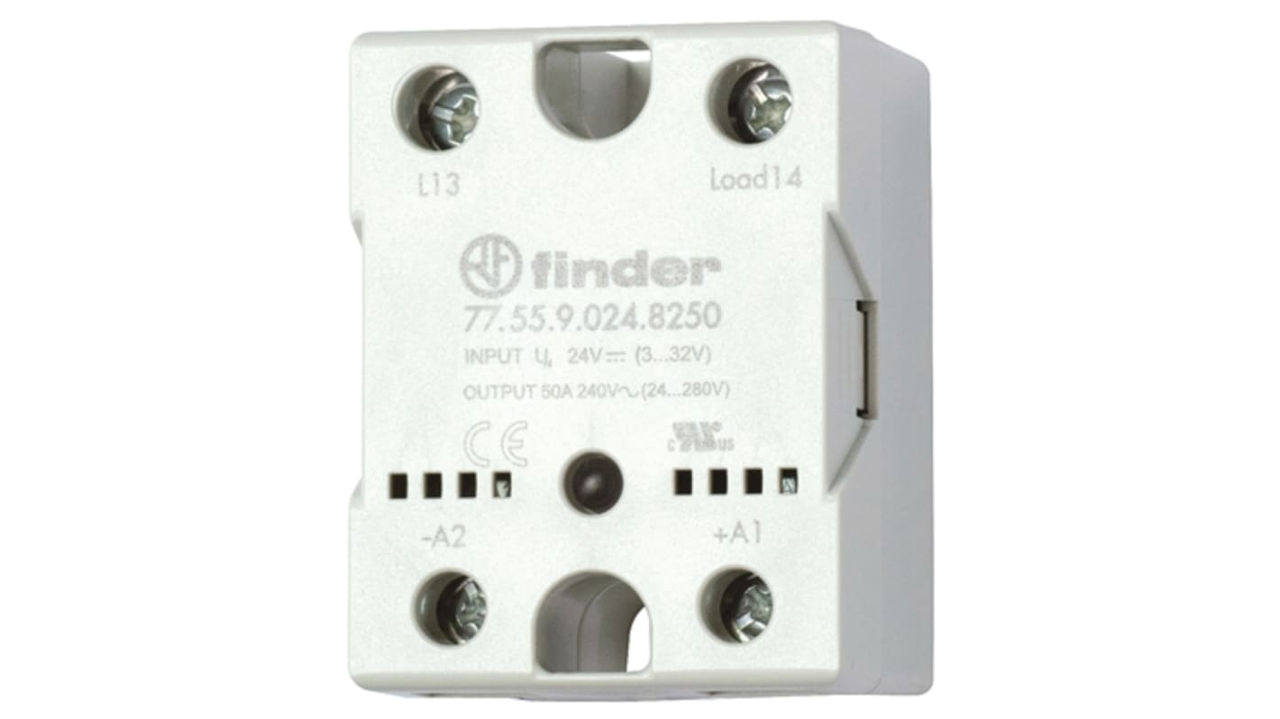 Finder 77.55.8.230.8250, relè a stato solido SPST, 50 A, 280 V c.a., montaggio superficiale, dimensioni 44.5 x 36.4 x 57.7 mm.