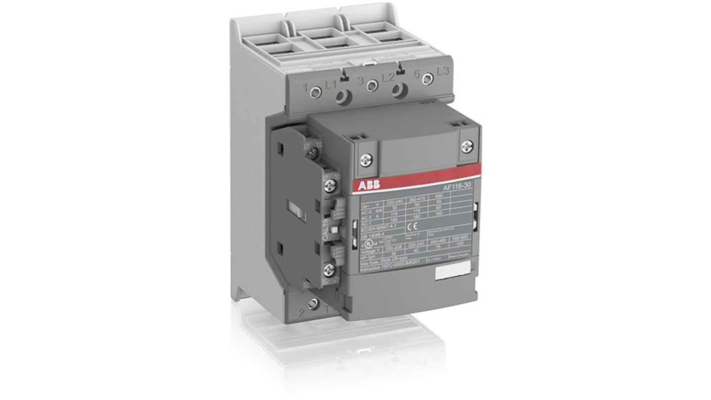 Contattore ABB 1SFL447002R1311 AF140-30-11B-13, 3 poli, 200 A, 690 V, bobina 230 V, dimensioni 90x150x126 mm.