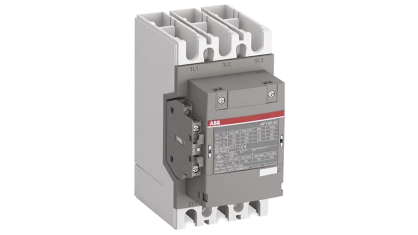 Contattore ABB 1SFL547002R1111 AF265-30-11, 3 poli, 400 A, bobina 24 V, dimensioni 140x225x180 mm, protezione sovratensione.