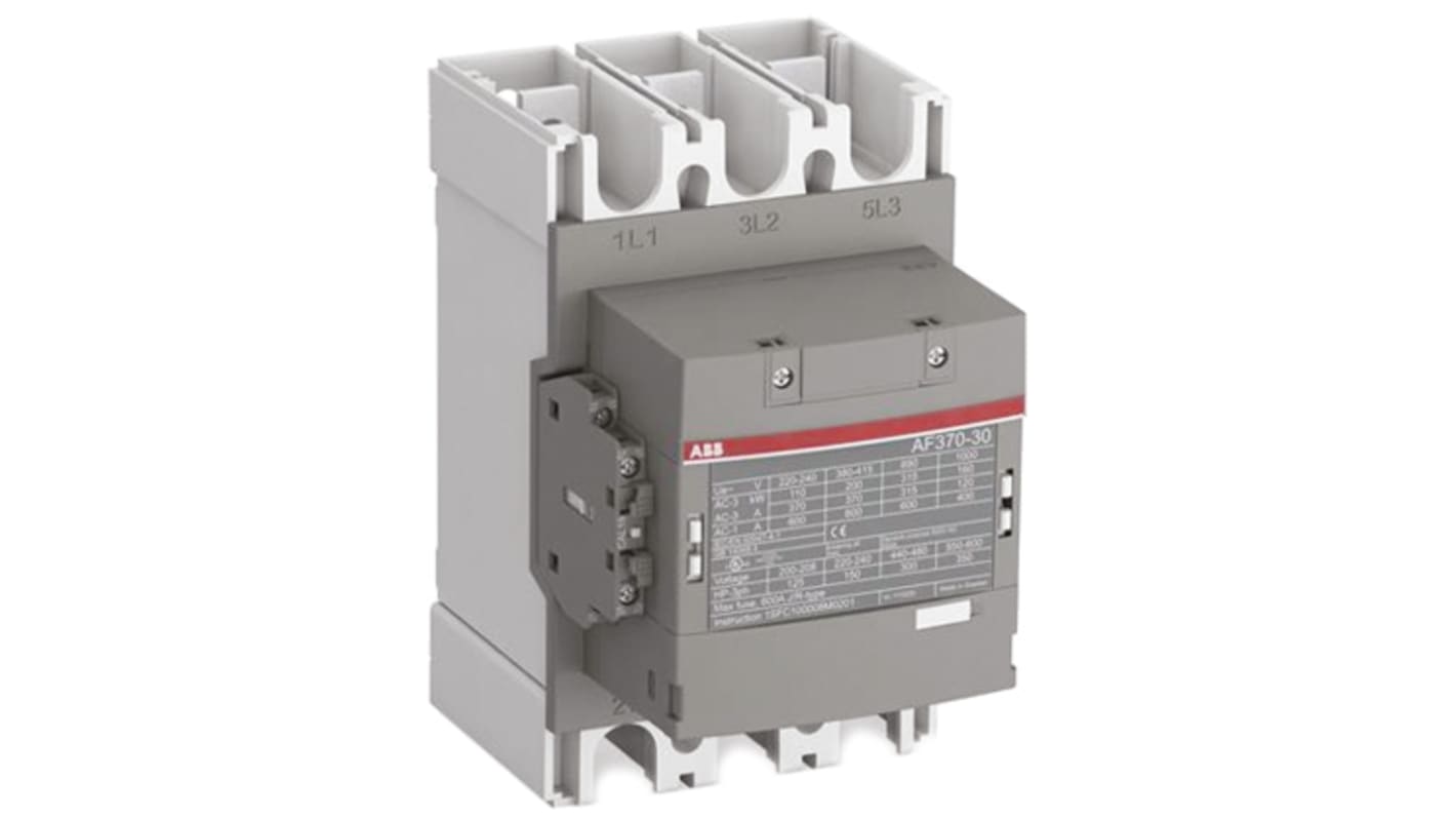 Contattore ABB 1SFL587002R1111 AF305-30-11-11, 3 poli, 400 A, bobina 24 V, dimensioni 225x140x180 mm.
