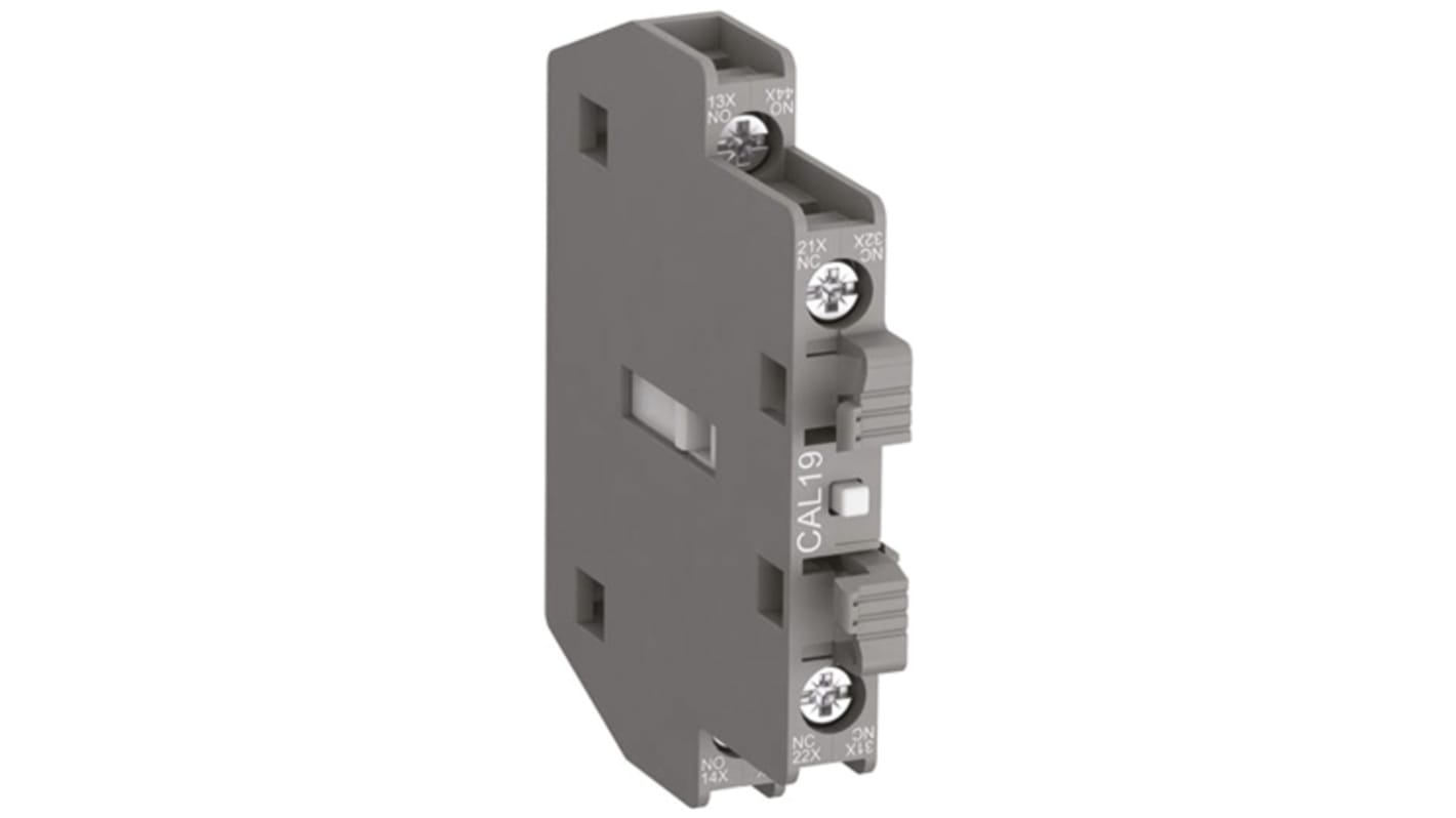 ABB CAL19-11B, modulo contatti ausiliari con 4 contatti (2NC + 2NO), montaggio laterale, corrente 6 A, tensione 690 V.