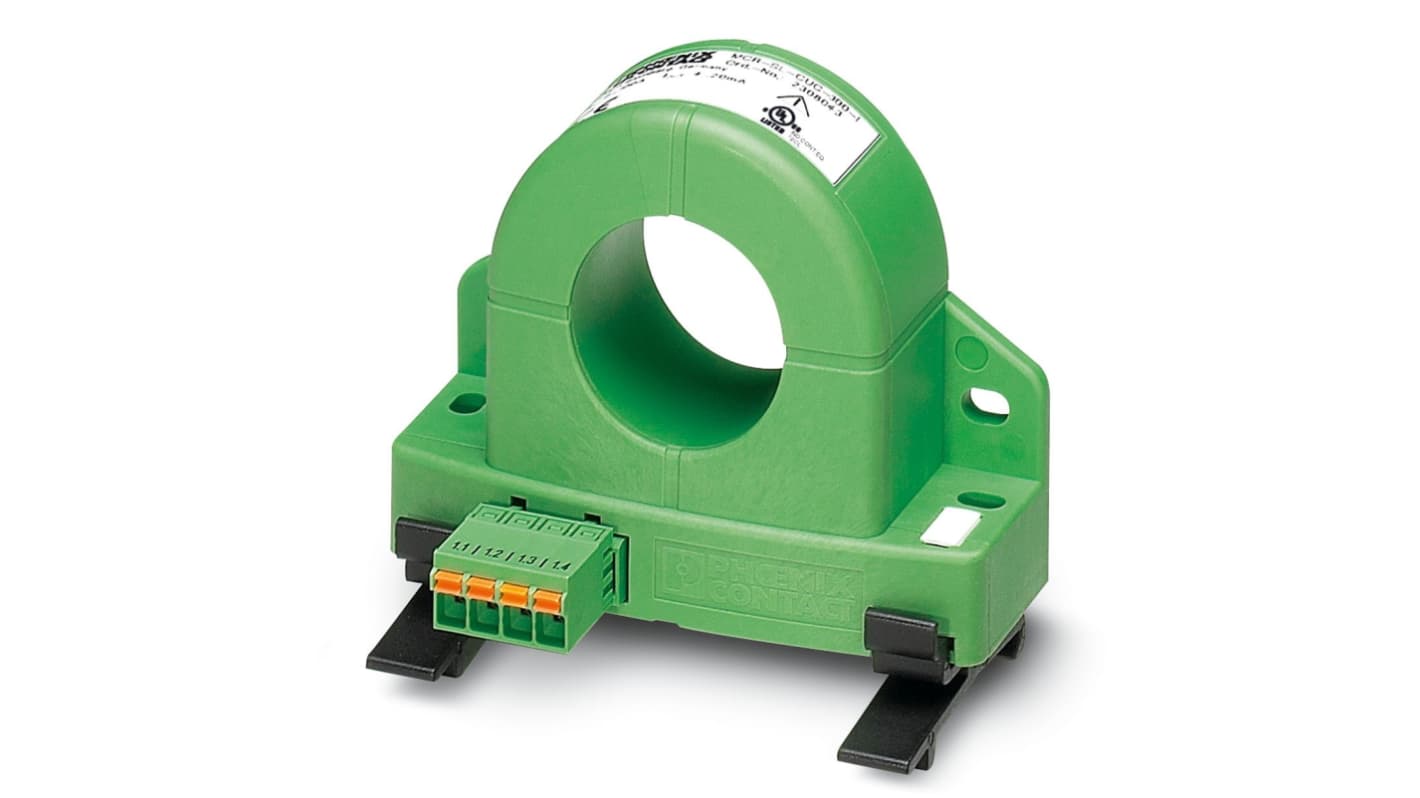 Trasformatore di corrente Phoenix Contact 2308043, 300A, uscita 4-20 mA, montaggio su guida DIN, dimensioni 33,8 x 90 x 85 mm.