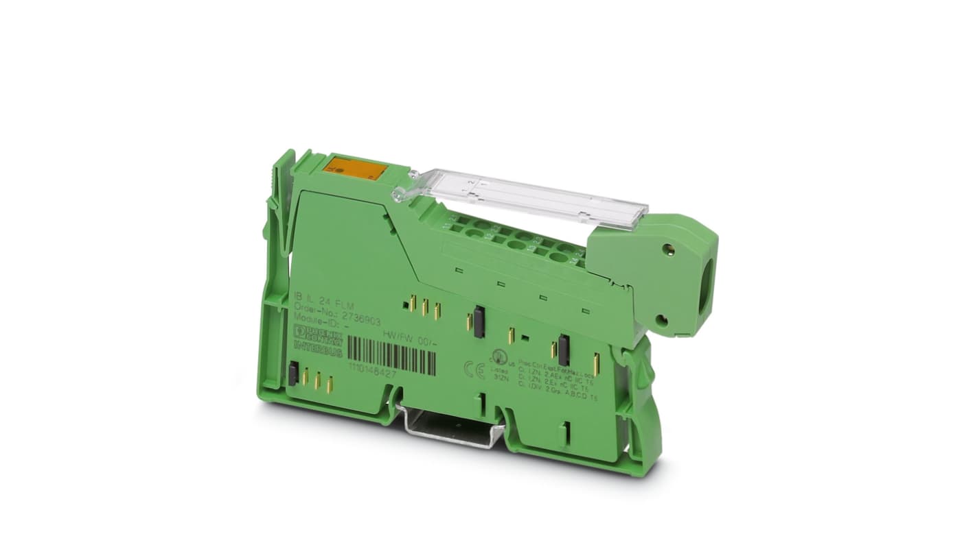 Morsettiera Phoenix Contact 2736903, modello IB IL 24 FLM-PAC, terminale in linea, dimensioni 136,8 x 12,2 x 71,5 mm.