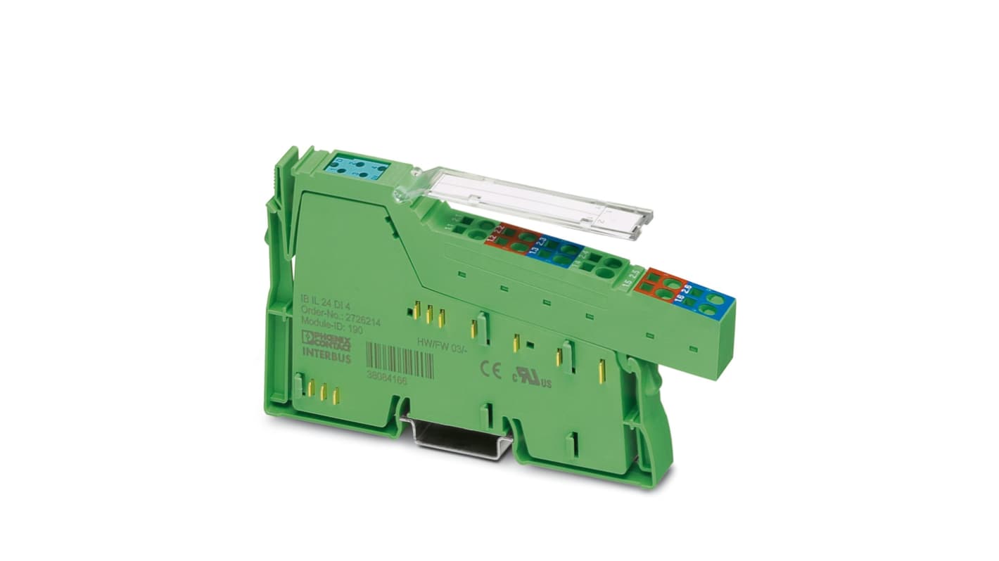 Morsettiera digitale Phoenix Contact 2861234, 4 ingressi, 24 V c.c., montaggio su guida DIN, dimensioni 140,5 x 12,2 x 71,5 mm.