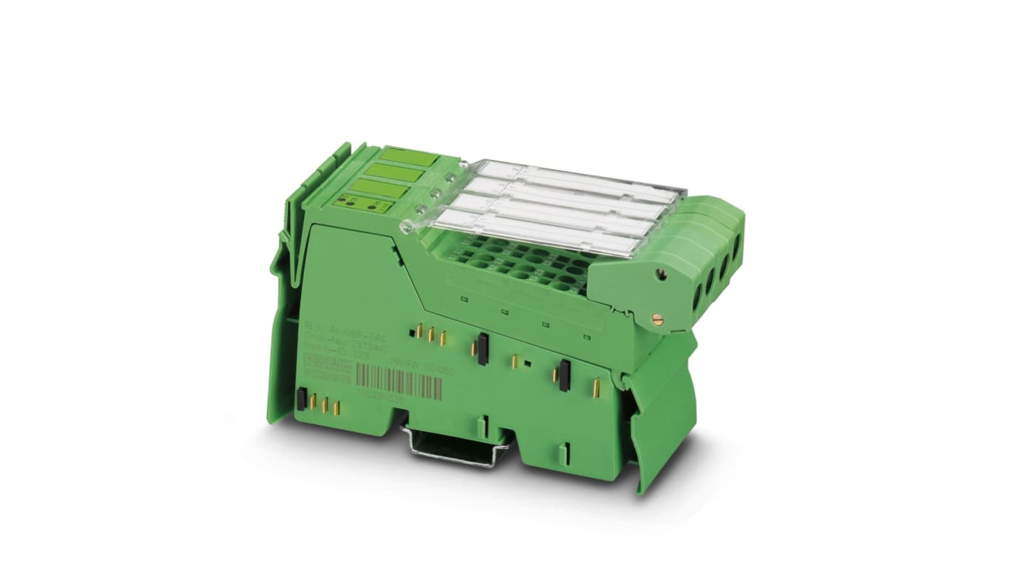 Morsettiera analogica Phoenix Contact 2878447, serie IB IL AI 4/EF-PAC, 4 ingressi, dimensioni 136,8 x 48,8 x 71,5 mm.