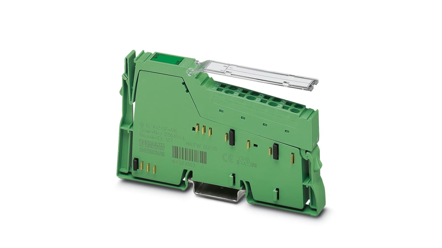 Morsettiera analogica Phoenix Contact 2863944, serie IB IL AI 2/SF-ME, 2 ingressi, dimensioni 119,8 x 12,2 x 71,5 mm.