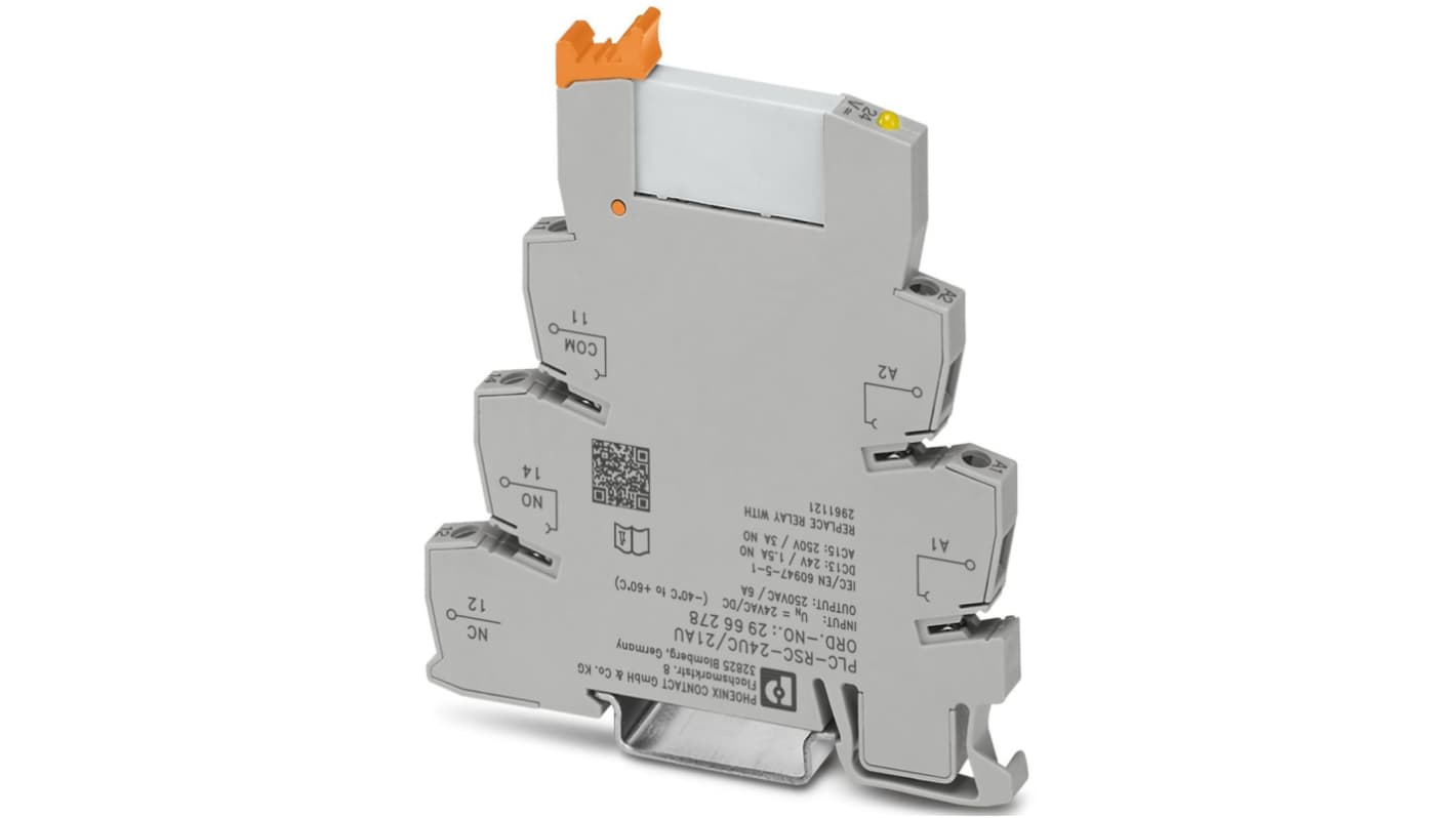 Phoenix Contact, relè d'interfaccia PLC-RSC, modulo per guida DIN, 24V, contatti SPDT, dimensioni 94 x 80 x 6,2 mm.