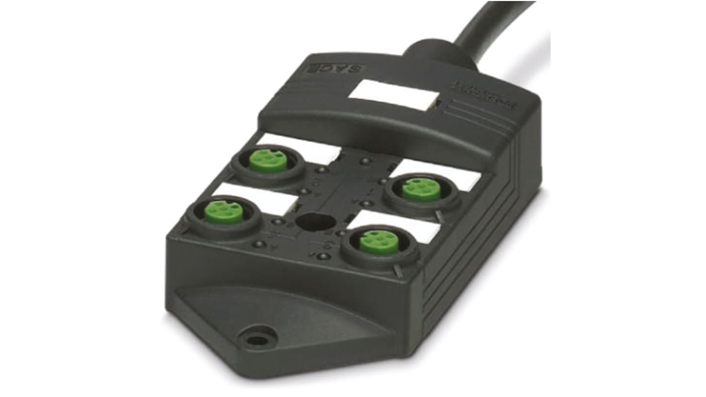 Scatola sensore Phoenix Contact 1452576, 4 porte M12 extra-piatte per attuatori e sensori, con LED per visualizzare tensione e stato I/O.