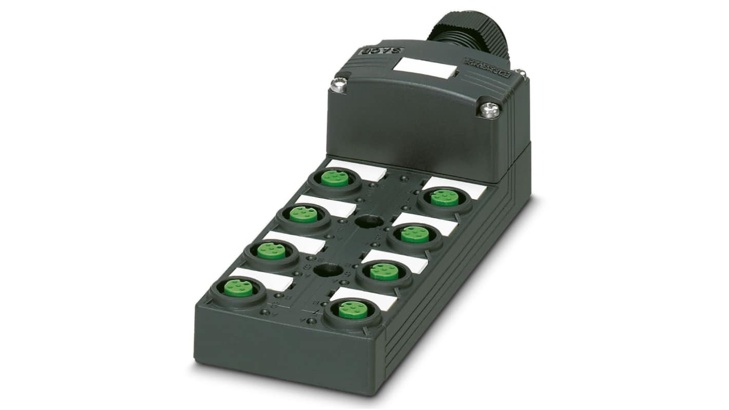 Scatola sensore Phoenix Contact 1452848, 8 porte M12, orientamento diritto, connettori SPEEDCON per assemblaggio rapido.